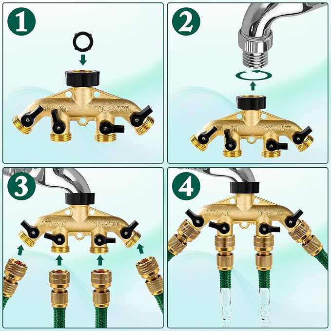 Dalmbox Garden Hose Splitter 4 Way, Water Hose Splitter, 3/4" Heavy-Duty Brass Garden Hose Splitter, Includes 9 Rubber Washers & Teflon Tape(2 pack)