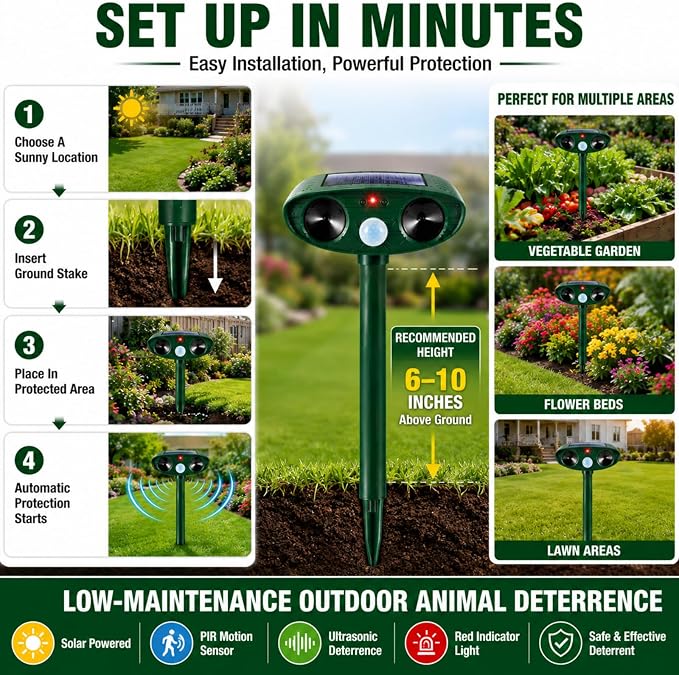2 Pack Upgraded Sonic Deer Repellent Devices,Solar Ultrasonic Animal Repeller Outdoor for Racoons,Squirrels,Cats,Rabbits,Skunks & Foxes,Waterproof Motion Sensor Animal Deterrent for Garden Yard