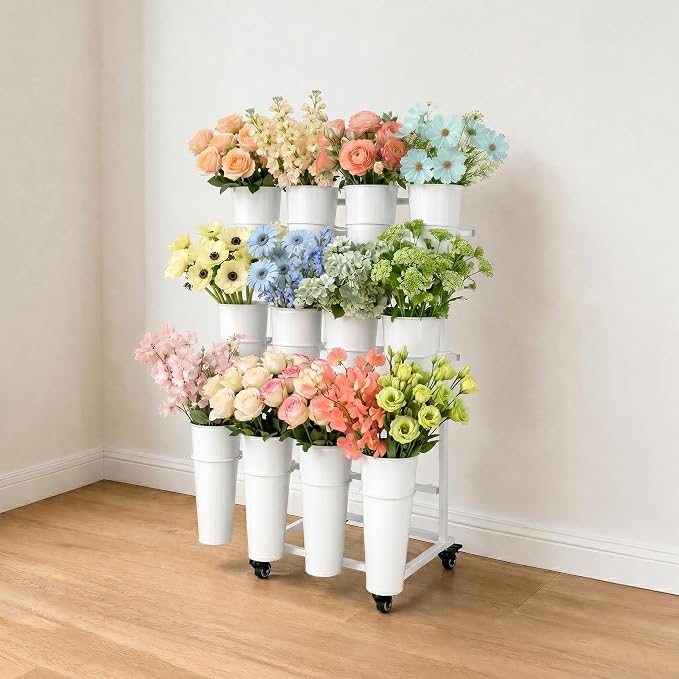12 Buckets Flower Bar Stand,3-Tier Metal Flower Display Stand on Wheels,Mobile Flower Cart for Indoor & Outdoor Garden, Flower Shop, Wedding, Party Decor