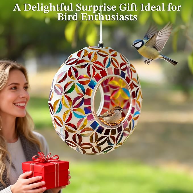 SAVENNA Mosaic Glass Hanging Bird Feeder, 6.3 Inch Handcrafted Outdoor Feeder with Steel Wire Rope, Decorative Garden & Patio Feeder for Wild Birds, Colorful Floral Mosaic Design
