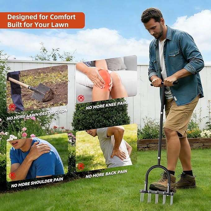 GAINO Manual Lawn Aerator Tool with 15 Spikes, 32"-35" Adjustable T-Handle Aerator for Lawn, Automatic Dirt Ejection Design, Heavy Duty Yard Grass Aerator for Soil Compaction,Black