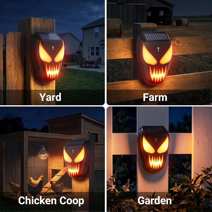 4 Pack Solar Nocturnal Animal Repeller with Predator Lights, Waterproof Coyote Deterrent Devices for Raccoon, Skunk, Opossum & Deer, Fox Repellent for Yard, Farm, Chicken Coop, Garden