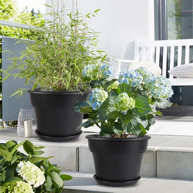Myfeegoin 6-inch-Plant-Pots-Indoor-Outdoor, 6 Pack Plastic Planters with Drainage Holes & Saucers, Resin Flower Pots with Trays, Classic Garden Pot Container for House