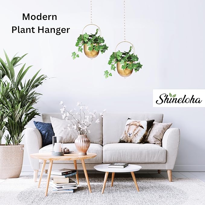 Shineloha 2 Pack Metal Hanging Planters for Indoor Outdoor, with 5.5 Pot, Gold Hanging Planters | Gold Plant Hanger, Brass Plant Hangers. NO Plant incld.