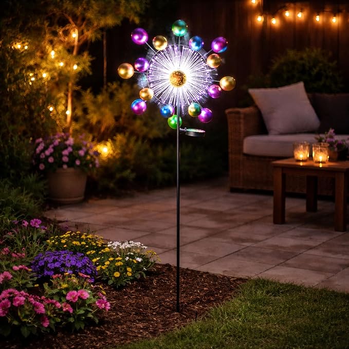 Alpine Corporation Solar Metal Peacock Garden Spinner Stake with Fiber Optic LED Light, Outdoor Wind Spinner Yard Decor, Weather-Resistant Kinetic Lawn Ornament for Patio, Garden & Walkway