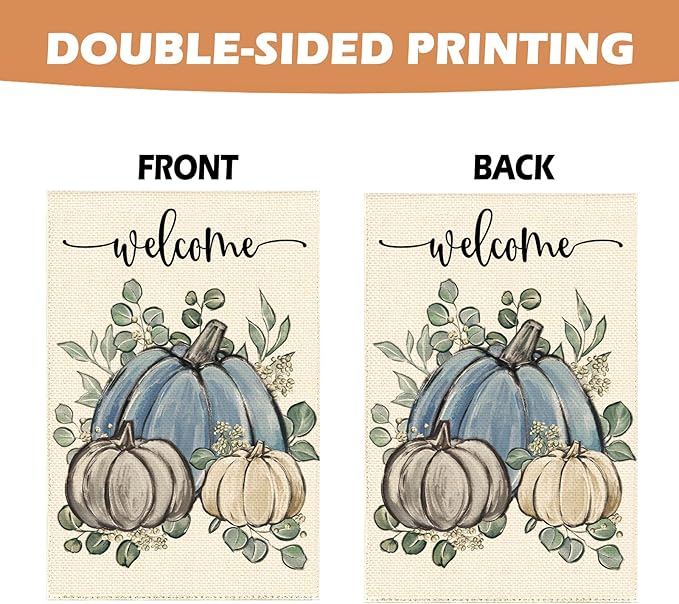 Fall Thanksgiving Harvest Blue Pumpkin Garden Flag 12 x 18 Inch, Autumn Grateful Burlap Double Sided Welcome Small Flag Yard House Farmhouse Seasonal Holiday Patio Outside Decoration