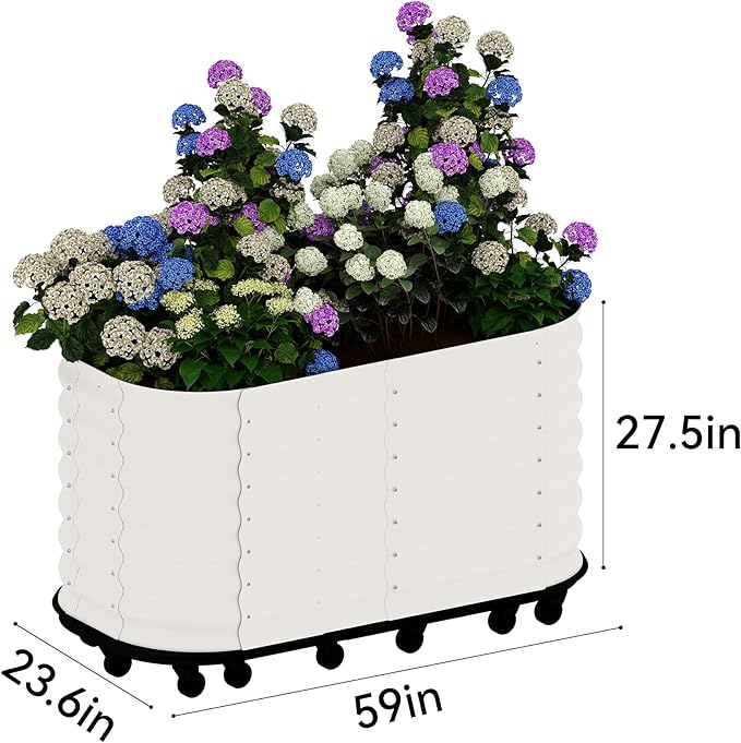 GarveeHome Self-Watering Wheeled Metal Garden Bed – Mobile Raised Planter Box with Water, Galvanized Steel Indoor/Outdoor Rolling Grow Station for Herbs, Veggies & Decor (59 in x23.6 in x27.5,White