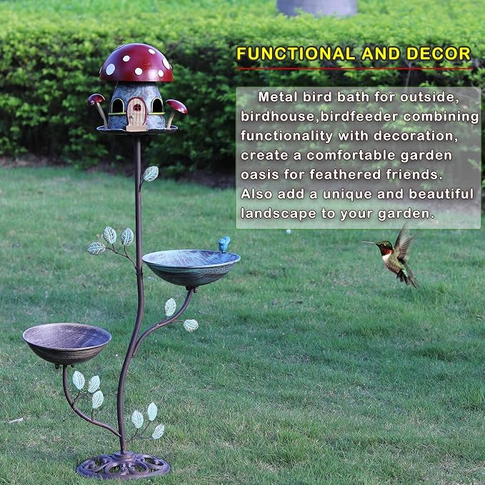 38" H Cast Iron Pedestal Bird Bath, BirdBaths for Outdoors with Metal Birdhouse Birdfeeder 3-in-1, Garden Yard Lawn Decor