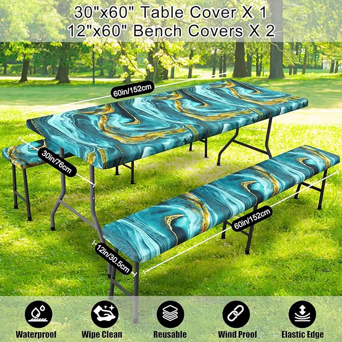 Smiry Picnic Table Cover with Bench Covers, Waterproof Elastic Fitted Tablecloth for 5 Foot Tables, Washable Polyester Tablecloths for Camping, Indoor & Outdoor (Teal & Gold, 30x60 Inch 3-pc Set)