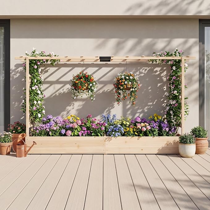 HAPPYGRILL Raised Garden Bed with Trellis, Freestanding 45" Wood Planter Box w/Hanging Roof & 8 Drainage Holes for Vine Climbing Plants Flowers, Outdoor Wood Elevated Garden Bed for Patio Yard