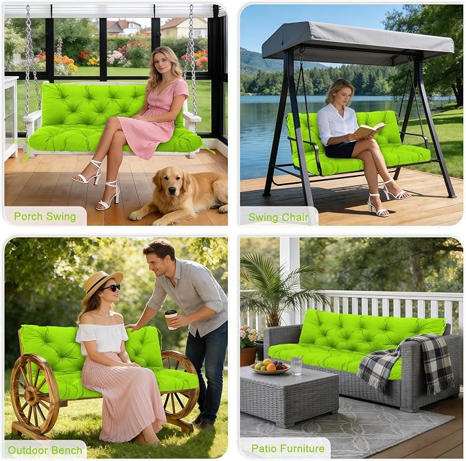 Porch Swing Cushions Outdoor 48 inch x 40 Waterproof Swing Cushions 3 Seater Replacement with Backrest & 8 Ties 5" Thick Bench Swing Cushions for Outdoor Furniture Patio(Grass Green)