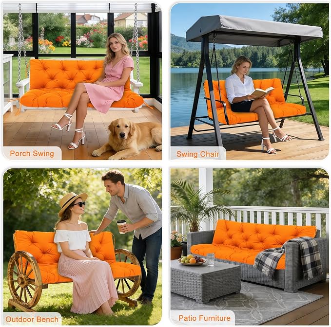 Porch Swing Cushions Outdoor 48 inch x 40 Waterproof Swing Cushions 3 Seater Replacement with Backrest & 8 Ties 5" Thick Bench Swing Cushions for Outdoor Furniture Patio(Orange)