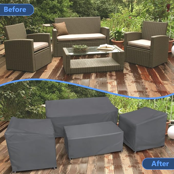 STARTWO Patio Furniture Covers, 4 Piece Heavy Duty Waterproof Outdoor Furniture Cover with Windproof Buckle Strap, for Lawn Rattan Wicker Couch Chair Set, Grey