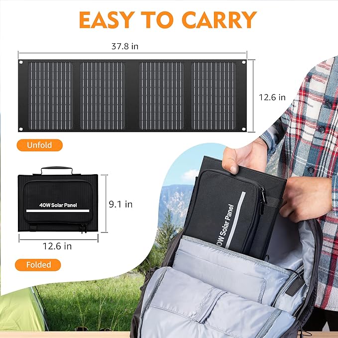 40W Solar Panel EnginStar 40 Watt Foldable Solar Panel for Portable Power Station w/QC3.0 USB Port for Phone Laptop 12-15V DC Output(10 Connectors) for Outdoor Camping RV Off Grid