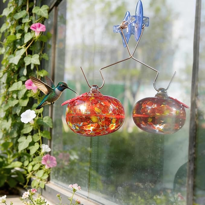 QFkris Blown Glass Hummingbird Feeder with Suction Cups for Window, Small Hummingbird Feeder with Flower Feeding Ports for Outside Garden Backyard Decor, Gifts for Women Mom(Orange)