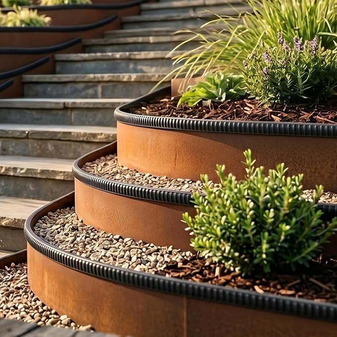 Worth Garden 6-Pack Cor-Ten Steel Landscape Edging with Black Protection Strips - Rust Patina Finish 40" L x 8" H (20Ft Total) - Hammer-in 14-Gauge Metal Corten Lawn Yard Edging Border w/ 7 Clips