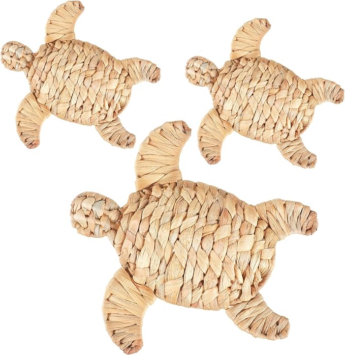 Threehoney 3 Pcs Sea Turtle Beach Theme Decor 3 Size Handmade Wicker Turtle Wall Decor Sea Life Hanging Wall Art Coastal Nautical Sculpture Table Decoration for Boho Bathroom Indoor Outdoor Ornament