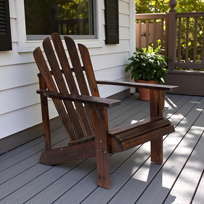 Shine Company Westport Wooden Adirondack Chair, Outdoor Patio Firepit Chairs, Back & Seat Pre-Assembled, Burnt Brown