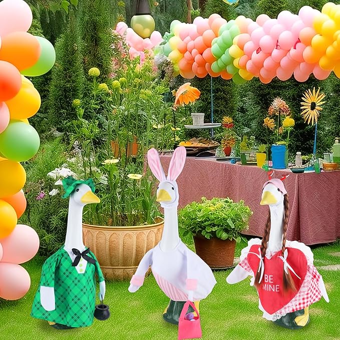 3 Sets Seasonal Porch Goose Outfits with Braid Wig Sunglasses Valentine St. Patrick Easter Bunny Festivals Lawn Goose Clothing Costume Set for 23“ Outdoor Yard Garden Patio Lawn Holiday Decorations