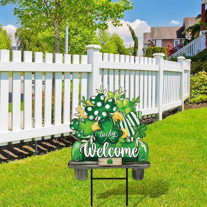 JarThenaAMCS St. Patrick' s Day Metal Garden Stake Welcome Yard Sign Green Shamrock Clover Truck Decorative Lawn Sign for Irish Holiday Home Outside Lawn Porch Walkway Pathway