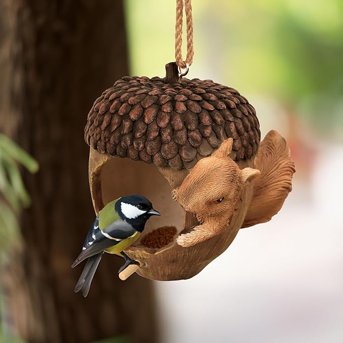 Hanging Bird Houses for Outside, Acorn-Shaped Resin Birdhouse with Squirrel Design for Outdoors Decorative Birdhouses,