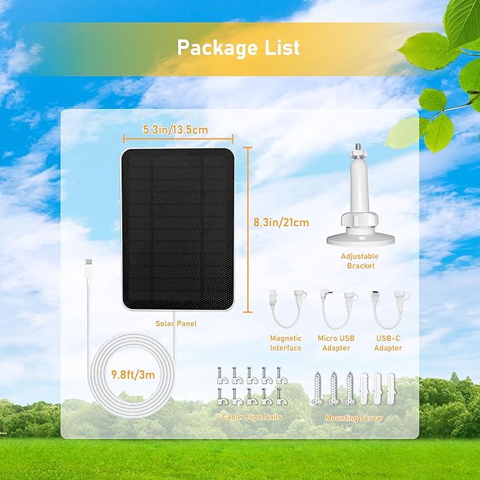 Solar Panel Charger for Arlo Essential Series,Go 2,Pro 6XL/6/5S/3,Ultra Series,Wireless Floodlights Camera,Solar Panel with Battery for Arlo Camera,9.8ft Cable,Adjustable Mount,Weatherproof