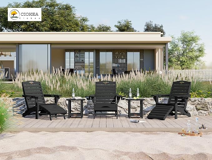 Ciokea Folding Adirondack Chair Set of 4 with Retractable Ottoman Fire Pit Patio Chair with Pull Out Foot Rest Weather Resistant Lawn Outdoor Chair with 2 Cup Holder (Black)