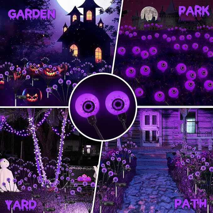 Solar Halloween Decorations Outdoor 6 Pack 36 LED Purple Eyeball Lights | Newly 3-Tier Design, 2 Lighting Modes, Auto ON/OFF, IP65 Waterproof, Creepy Lights for Walkway Yard Garden Scary Gathering