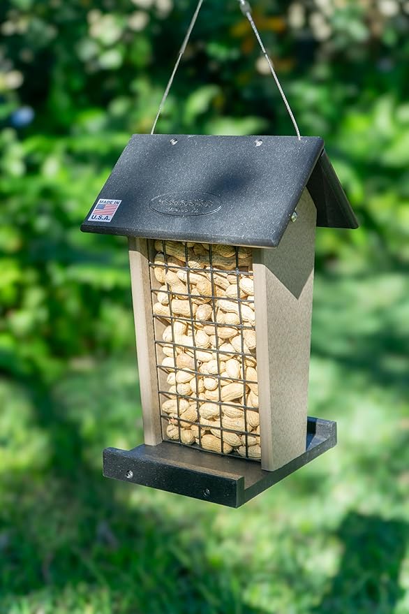DutchCrafters Plastic Poly Hanging Whole Peanut Bird Feeder for Large Birds, Woodpeckers, Blue Jays for Outdoor, Garden, Yard - USA Amish Made (Black & Weatherwood)