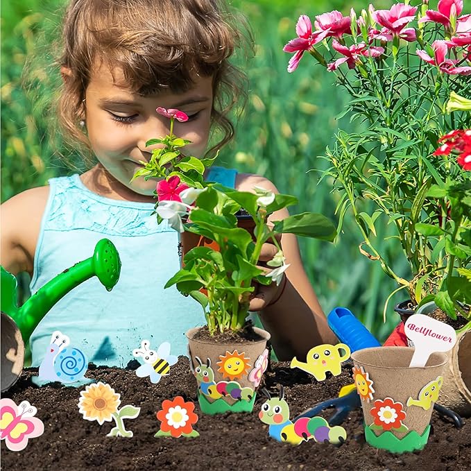 Ayfjovs Garden Paper Pot Craft Kit, 30 Pack Flower Growing Kit for Kids with 120 PCS Adhesive Foam Stickers and 30 PCS Plastic Plant Labels for Kids Science, Classroom Decoration, Mother's Day
