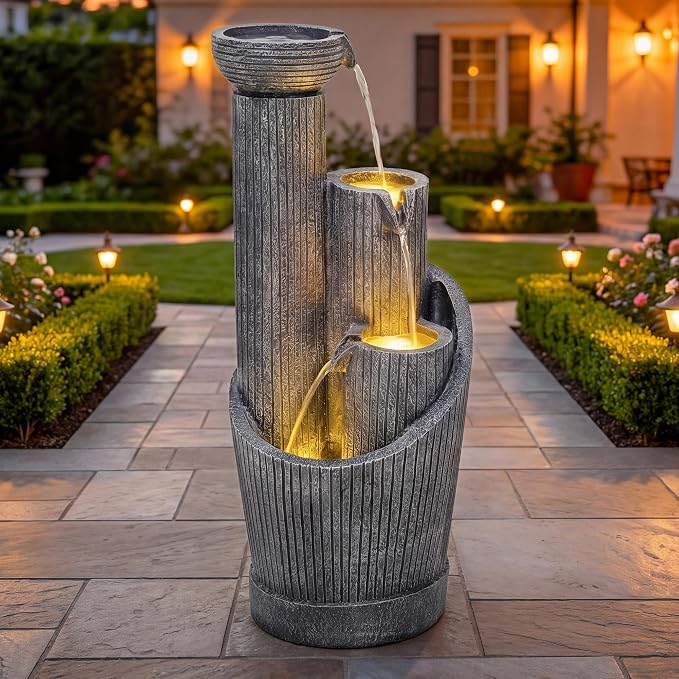 AUTODAYA 31" Modern Outdoor Water Fountain with LED Lights, 5-Tier Twist Pedestal Bowl Garden Fountain, Cascading Waterfall for Relaxing Garden, Patio, Backyard, Deck, Porch or Home Decor