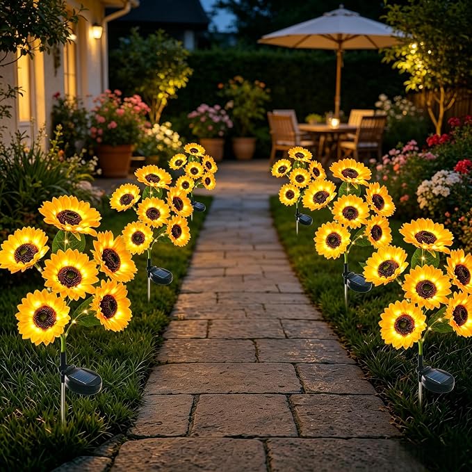 Solar Garden Lights Outdoor, 4 Pack Solar Sunflower Lights with 24 Sunflower, Waterproof Long-Lasting Outdoor Solar Patio Decor Suitable for Yard, Lawn, Pathway, and Backyard Decoration