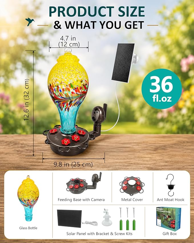 LUJII Smart Hummingbird Feeder with Camera for Outdoor Hanging, Hand Blown Glass, Solar WiFi Feeder with Live View App, 6 Feeding Ports, Leak-Resistant Design, Ant Moat & Gift Box, 36 fl oz, Yellow