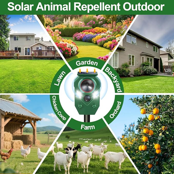 Solar Animal Repellent,Ultrasonic Cat Repellent Outdoor with Motion Sensor,Waterproof Rabbit Repeller with Flashing Light Defender Dog, Mouse,Squirrel,Raccoon,Skunk,Deer for Yard Farm Garden-2 Pack