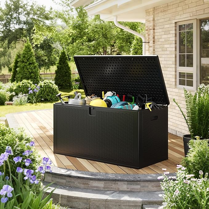 150 Gallon Resin Deck Box Outdoor Storage – Heavy Duty Waterproof & UV-Resistant, Lockable Lid, Reinforced Stability for Patio Cushions, Garden Tools, Pool Supplies, Black
