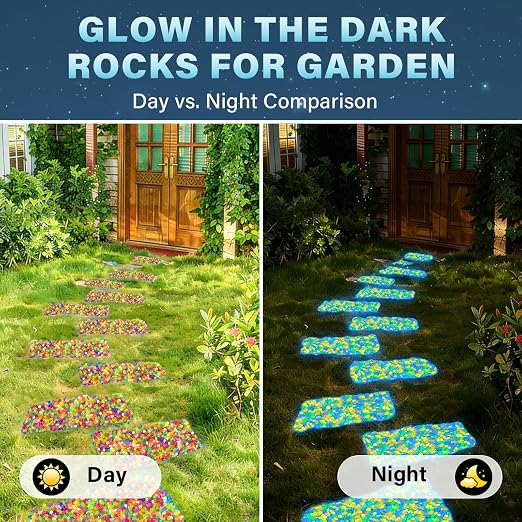 PoYang 2000pcs Glow in The Dark Rocks Outdoor - Multicolor Resin Glowing Pebbles for Landscaping, Garden, Fish Tank & Aquarium Indoor Decor, Powered by Sunlight or Lamplight (0.4"-0.7"/pc, 2.4lbs/bag)