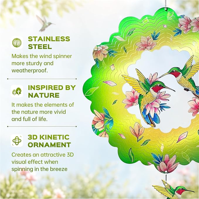 Hummingbird Wind Spinners Outdoor Decor, IDEA SHOW 12 in 3D Kinetic Stainless Steel Hanging Wind Spinner Sculpture with Pendant, Rustproof Metal Yard Art Garden Decorations, Unique Gifts for Women Mom