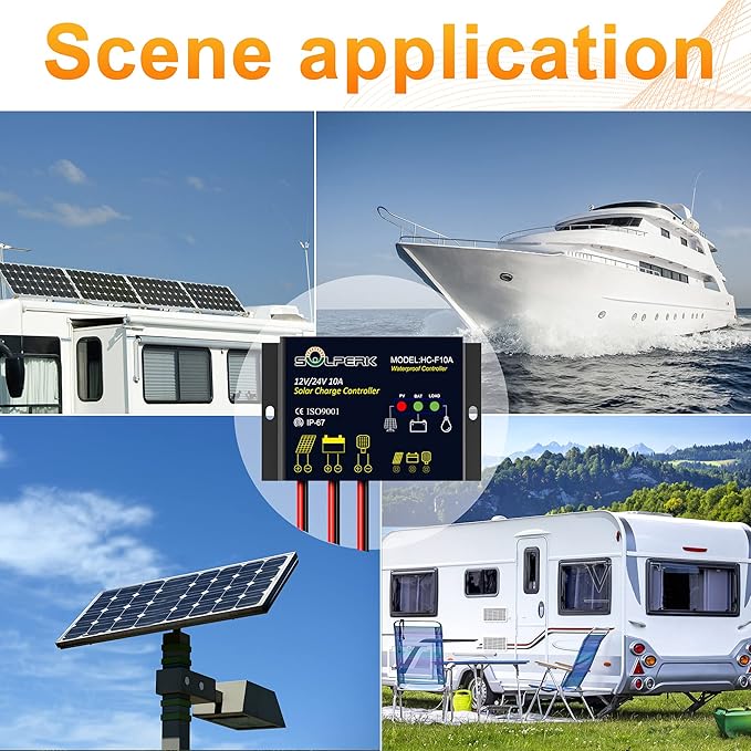 SOLPERK 10A Solar Charge Controller Waterproof Solar Panel Controller 12V/24V PWM Solar Panel Battery Intelligent Regulator for RV Boat car ,with LED Display