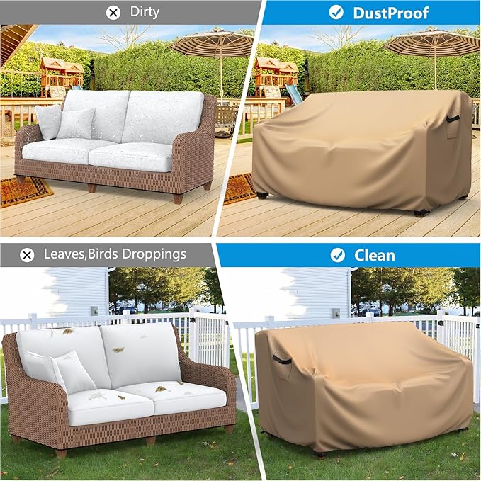 Heavy Duty Patio Sofa Cover, Mrrihand 3-Seater Outdoor Sofa Loveseat Cover, Outdoor Patio Furniture Cover with Air Vent and Handles, 78" W×42" D×32" H, Brown