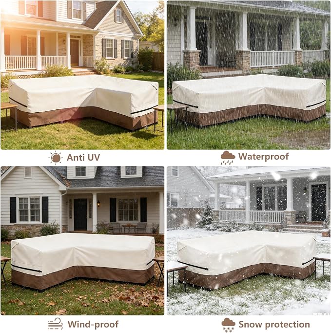 okcool Outdoor Sectional Cover,L-Shaped Patio Furniture Covers for 4-Seater Outdoor Sectional Furniture Couch 85”W (Back Length) x 58”W (Right Side),Beige & Brown