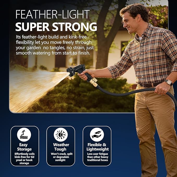 Flexible Garden Hose 75 FT, Ultra Lightweight Water Hoses 75FT w/10 Function Sprayer and 3/4" Brass Fittings, Kink-Free, Sturdy, Abrasion Resistant for Yard, Lawn, Outdoor and Gardening(Black)