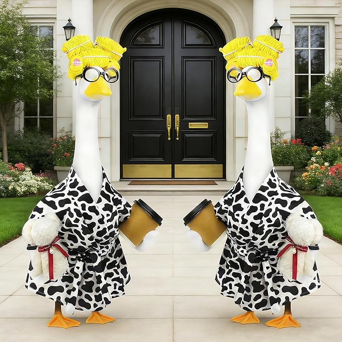 Lady Porch Goose Outfits,Bathrobe Porch Goose Statue Costume with Curlers Reading Glasses Coffee Cup Towel,Cute Goose Clothes for 23-Inch Cement Statue,Lawn Yard Garden Patio Decor(Cow Print)