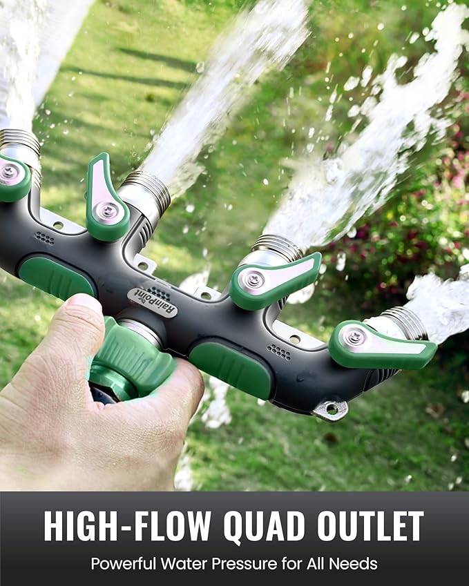 RAINPOINT 4 Way Garden Hose Splitter, 100% Metal Heavy Duty Water Hose Splitter with Individual Shut-Off Valves, 3/4" GHT High Flow Outdoor Faucet Splitter, 1.81" Extra Long Handle (Dark Green)