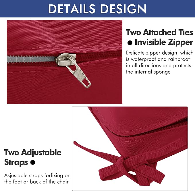 Outdoor Chair Cushions 16 x 17 Inch Water Resistant Patio Chair Cushions with Tie 3 Year Color Fastness Thick Outdoor Seat Cushion for Garden Lawn Patio Furniture Burgundy Red Set of 2