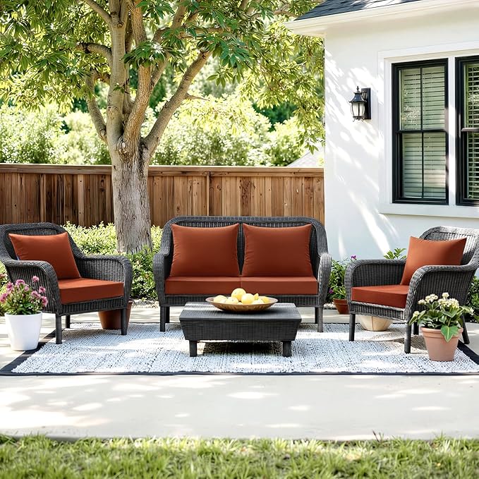 MIULEE Burnt Orange Outdoor Seat Cushion Set 24x24 Inch Linen Textured Waterproof & 3 Year Color Fastness Seat and Back Cushion with Ties No Slip Design for Patio Furniture Chair Sofa Couch