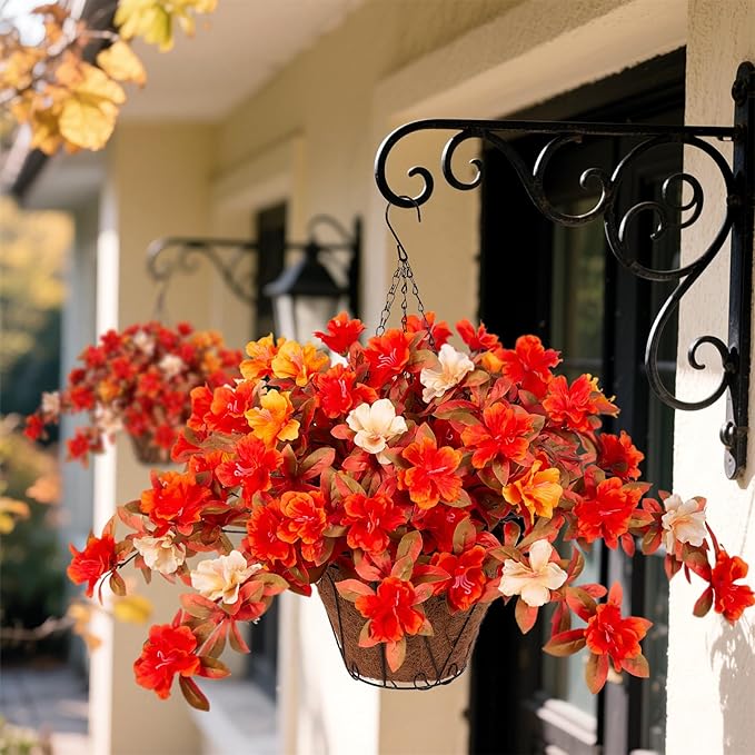 Ammyoo Fall Flowers with Hanging Basket Artificial for Decoration, Fake Silk Rhododendron Flowers for Outdoors, UV Resistant No Fade Floral for Home Garden Balcony Porch Patio Wedding Party Decor