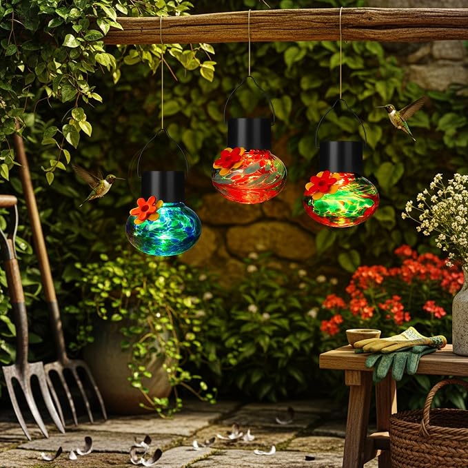 Nuogo 3 Pcs 3.54 Inch Blown Glass Hummingbird Feeders Solar Powered Hummingbird Feeder with LED Light for Garden Outdoors Window Decor Valentine Hanging Gifts Ant and Bee Resistant(Stylish Colors)