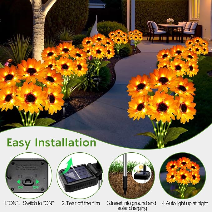 Solar Sunflower Lights Outdoor Garden Decor, 6 Pack Solar Flowers Lights with 36 Sunflowers, Waterproof Decorative Stake Lights Auto ON/Off for Garden Yard Patio Backyard