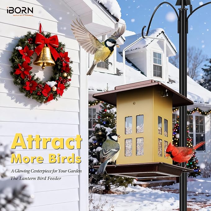 iBorn Bird Feeders for Outdoors, Metal Bird Feeder, Wild Bird Feeders for Cardinal, 2.4LBS Capacity,18cm Large Roof, Lantern Style, Black (Muted Yellow)