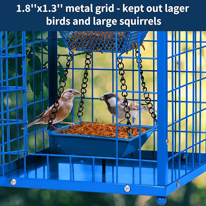 Mosloly Bluebird Feeders Squirrel-Proof, 7 lbs, Large Heavy Metal Caged Mealworms Blue Bird Feeders for Outside, Weatherproof Wild Bird Feeder,2 Layer Seed Cups(Blue)